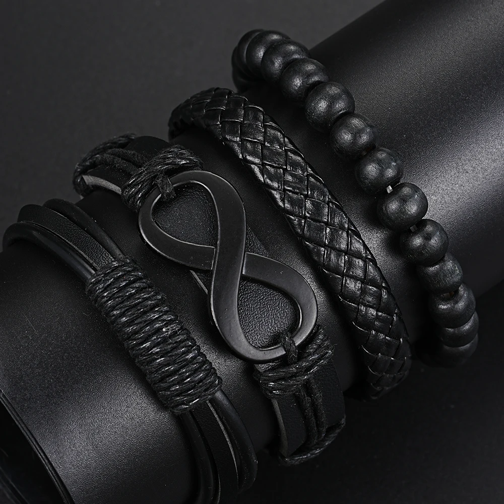 4pcs Set Punk Hip Hop Handmade Black Infinity PU Leather Bracelet Bangle for Men Beaded Braided Casual Arm Jewelry Accessories