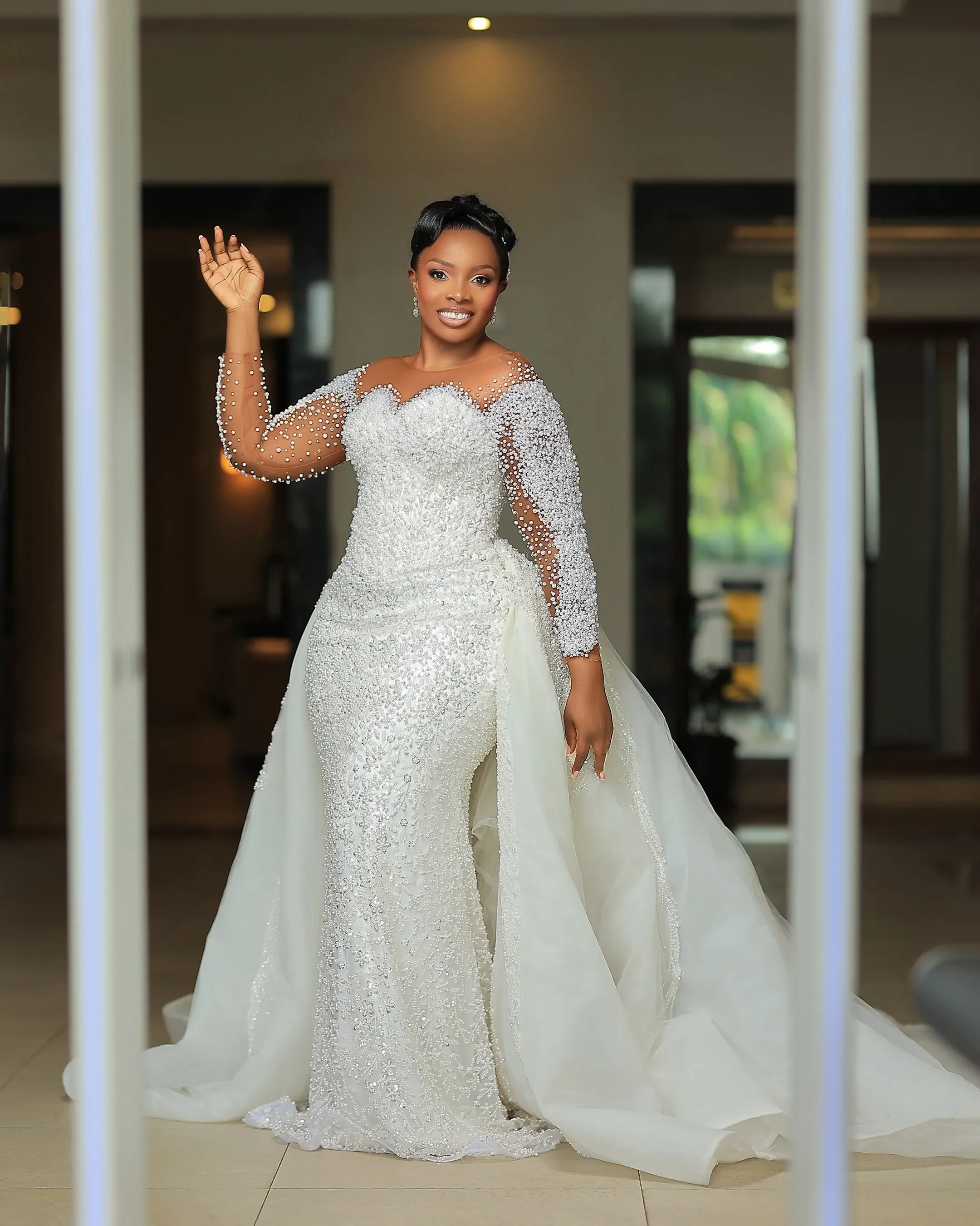 Customized Sheer Neck Sparkly Heavy Pearls Beads Vestido Noiva Wedding Dress with Removable Skirt Long Sleeves  Bridal Gowns
