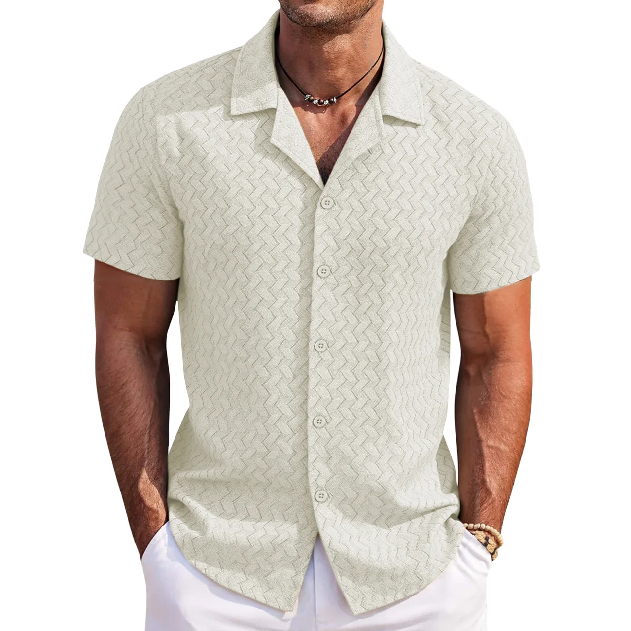 Men's Summer New Hollow Short Sleeved Shirt Casual Beach Style Shirt Streetwear Men Clothing  L