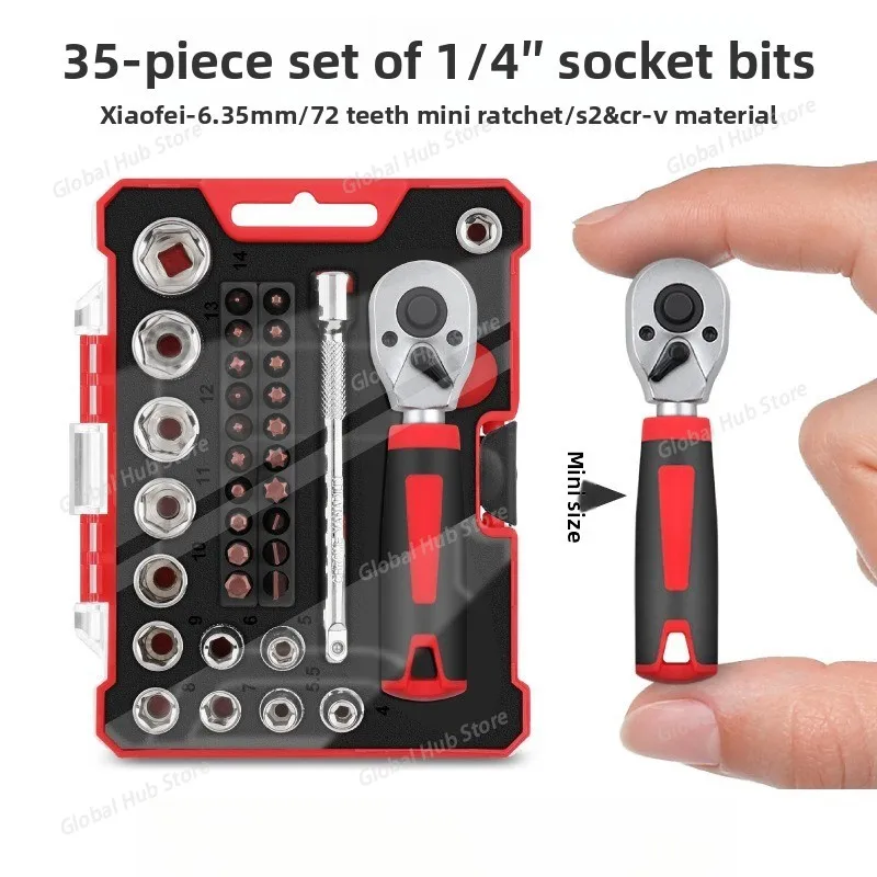 35Pcs Mini Ratchet Wrench Socket Set w/ Hex Bits & Quick-Release for Auto Repair Socket Wrench Set & Hand Tool Kit