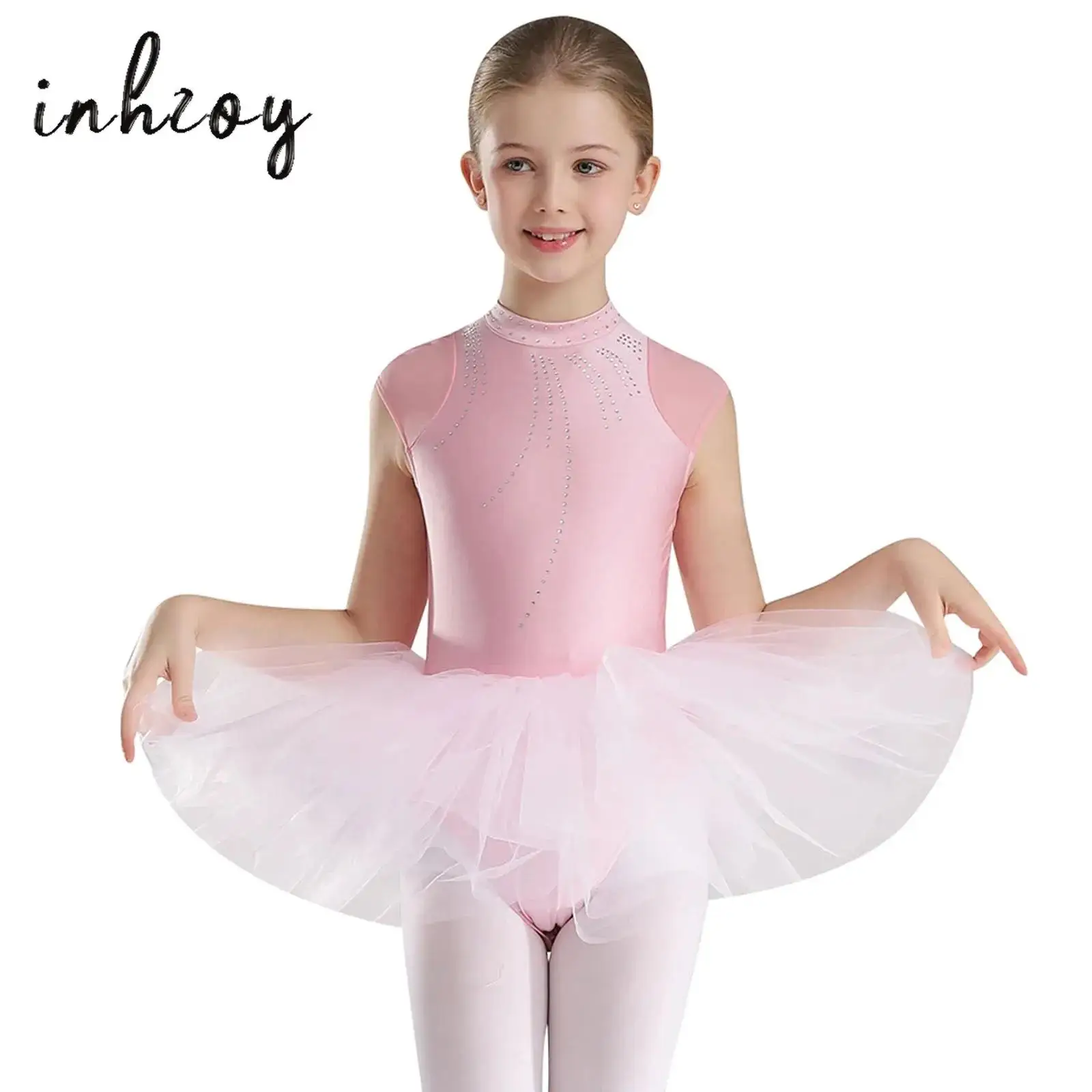 

Kids Girls Ballet Dance Dress Pink Shiny Rhinestones Tulle Mesh Tutu Gymastics Leotard Figure Skating Dance Performance Costume