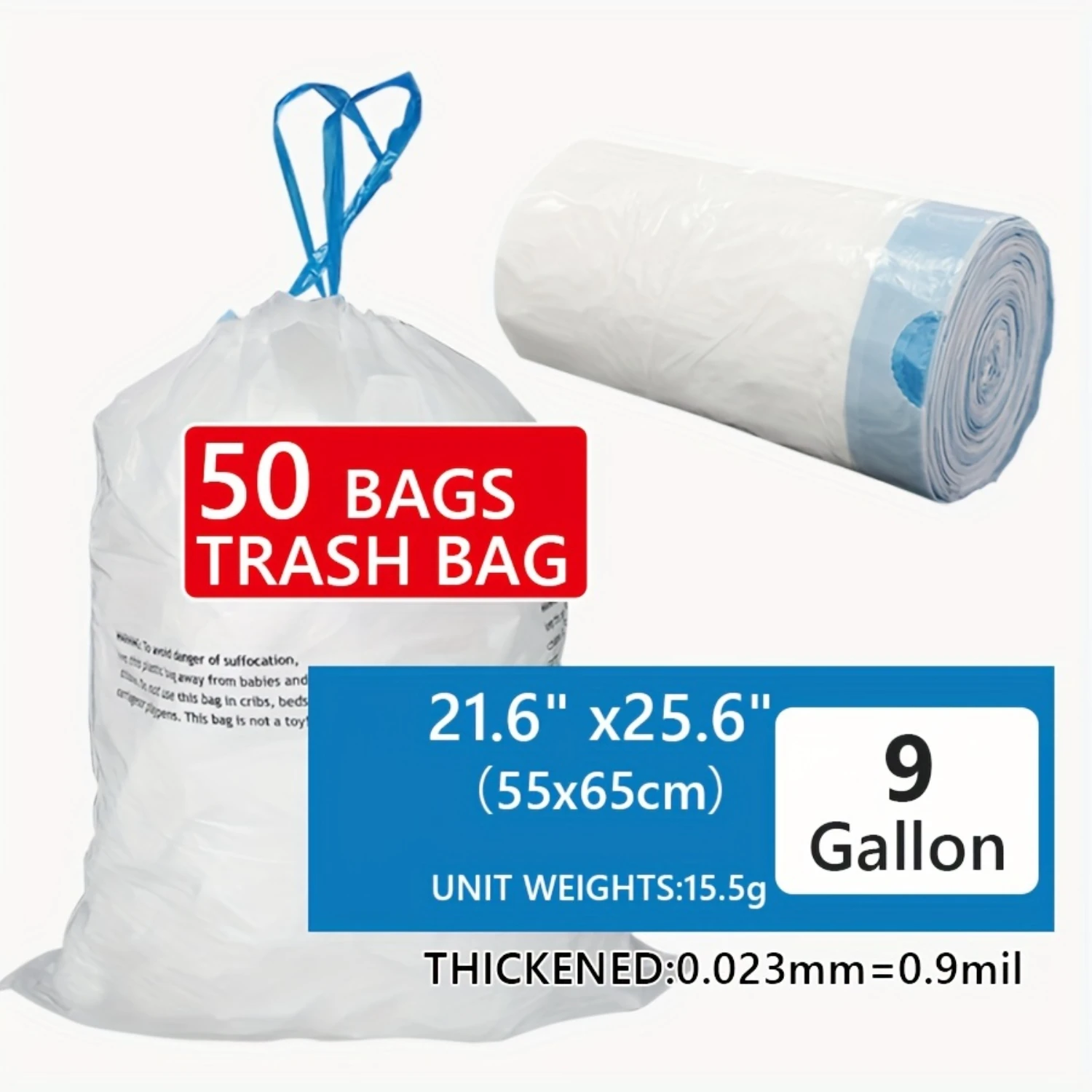 9 Gallon Trash Bags 50 Count Heavy Duty Drawstring Garbage Liners High Density Polyethylene 21.6