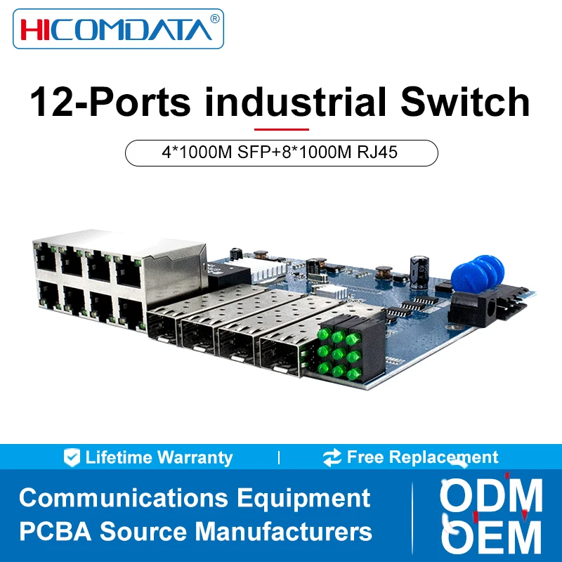 12-портовый промышленный коммутатор PCBA, оптоволоконный порт 4*1000M и 8 портов RJ45 100/1000M