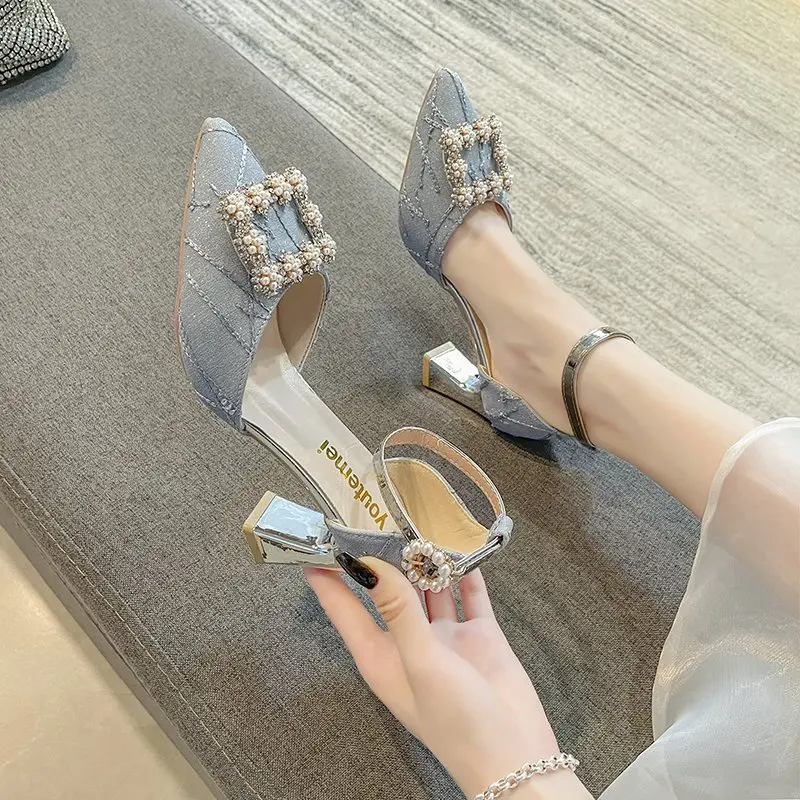 

Lolita Girls Sandals Female 2024 New Summer Fairy Style Versatile Thin Heel Pearl Square Buckle One Line High Heel Female