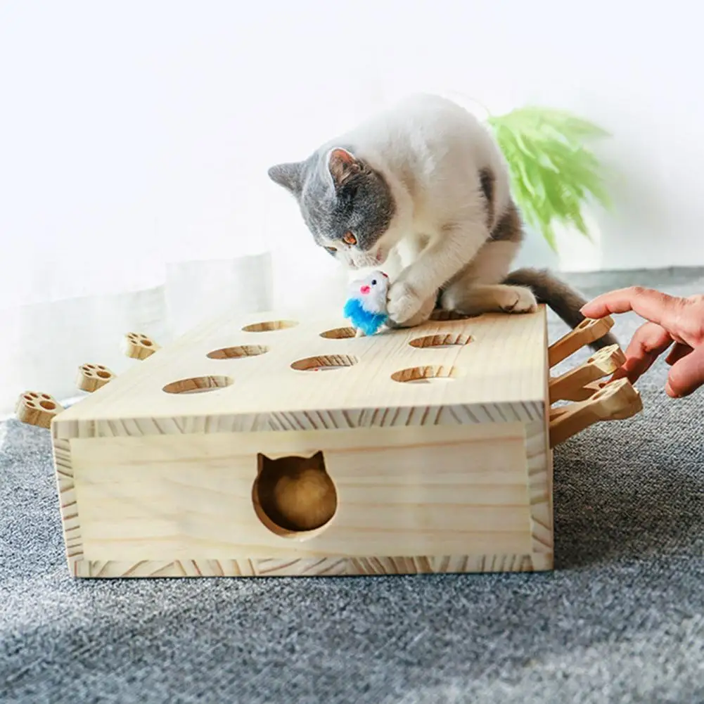 Cat Toy Interactive Wooden Whack-a-mole Cat Toy with Stuffed Moles Plush Toy 3-in-1 Cat Scratcher Game for Indoor Cats