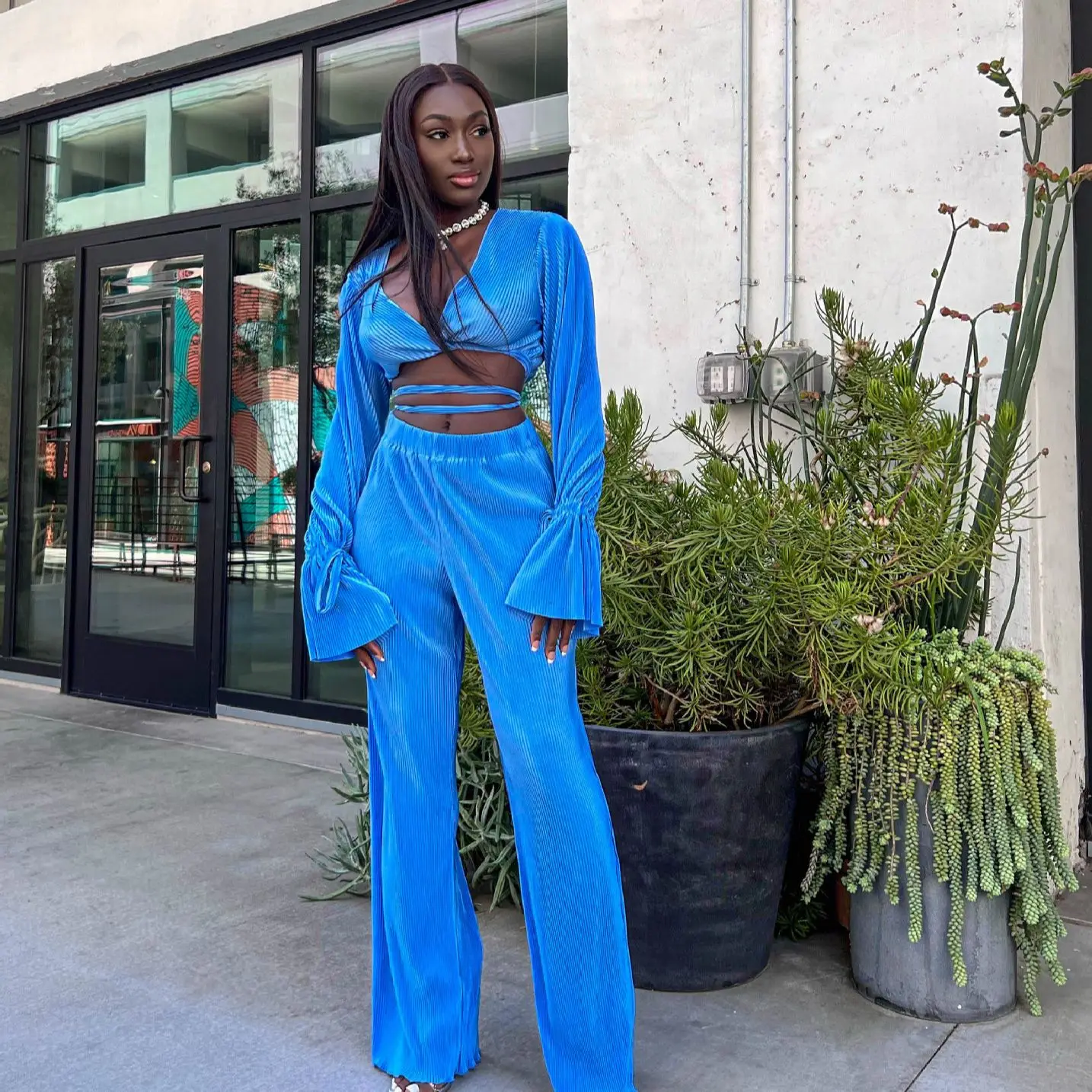 Pleated Solid Suit Two Piece Sets Flare Sleeve Crop Midriff Bandage Tops Blouses Wid Leg Pant Office Lady Casual Elegant Outfits