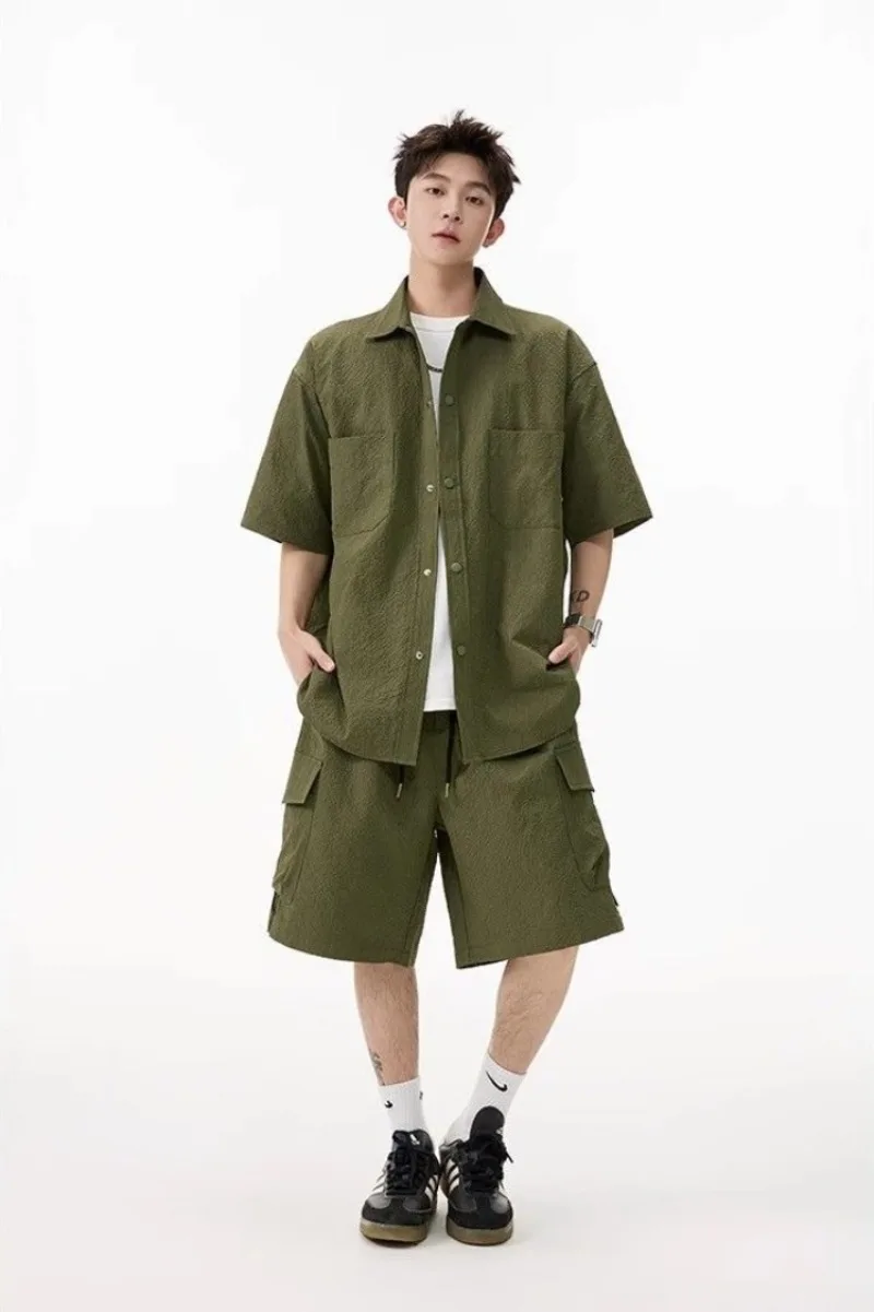 

Men's Navy Blue Bubble Crepe Casual Short Set Summer Short Sleeve Shirt Shorts Two Piece Outfit