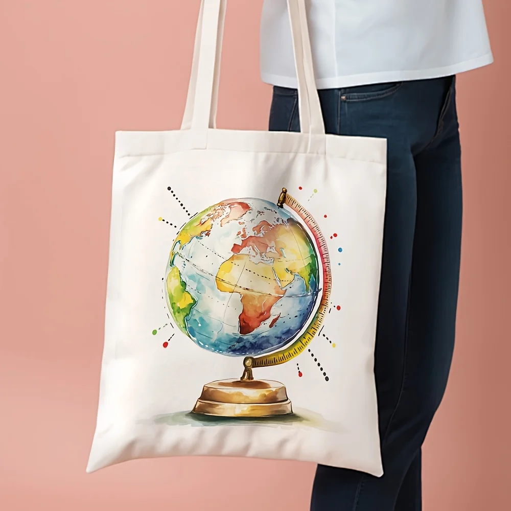 A Bright and beautiful world map print canvas tote bag, suitable for daily use, shopping, school, and travel