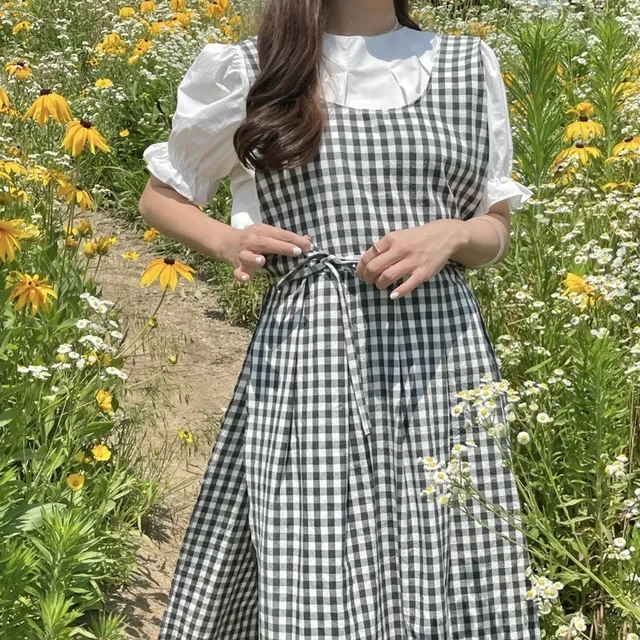 Koreańska krata fartuch do ogrodnictwa kawiarnia Kawaii gotowanie pieczenia kuchenne czyszczenie stylowy wygląd kwiaciarni fartuchy kobiet