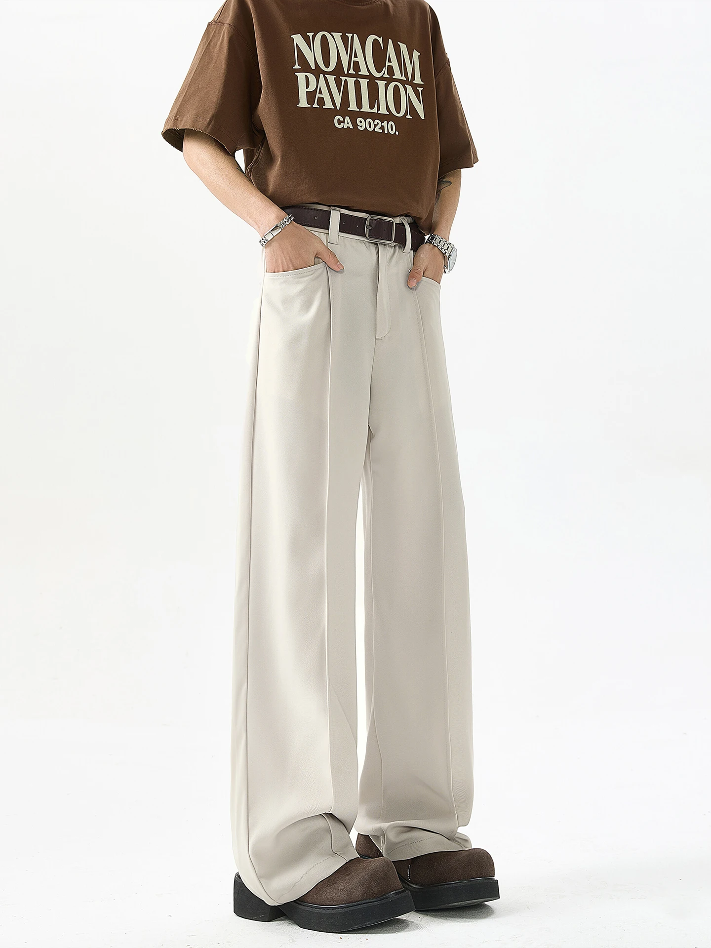 

Мужские летние тонкие крутые повседневные брюки из ледяного шелка, свободные прямые брюки CleanFit, высокая талия, застежка-молния, дышащий полиэстер