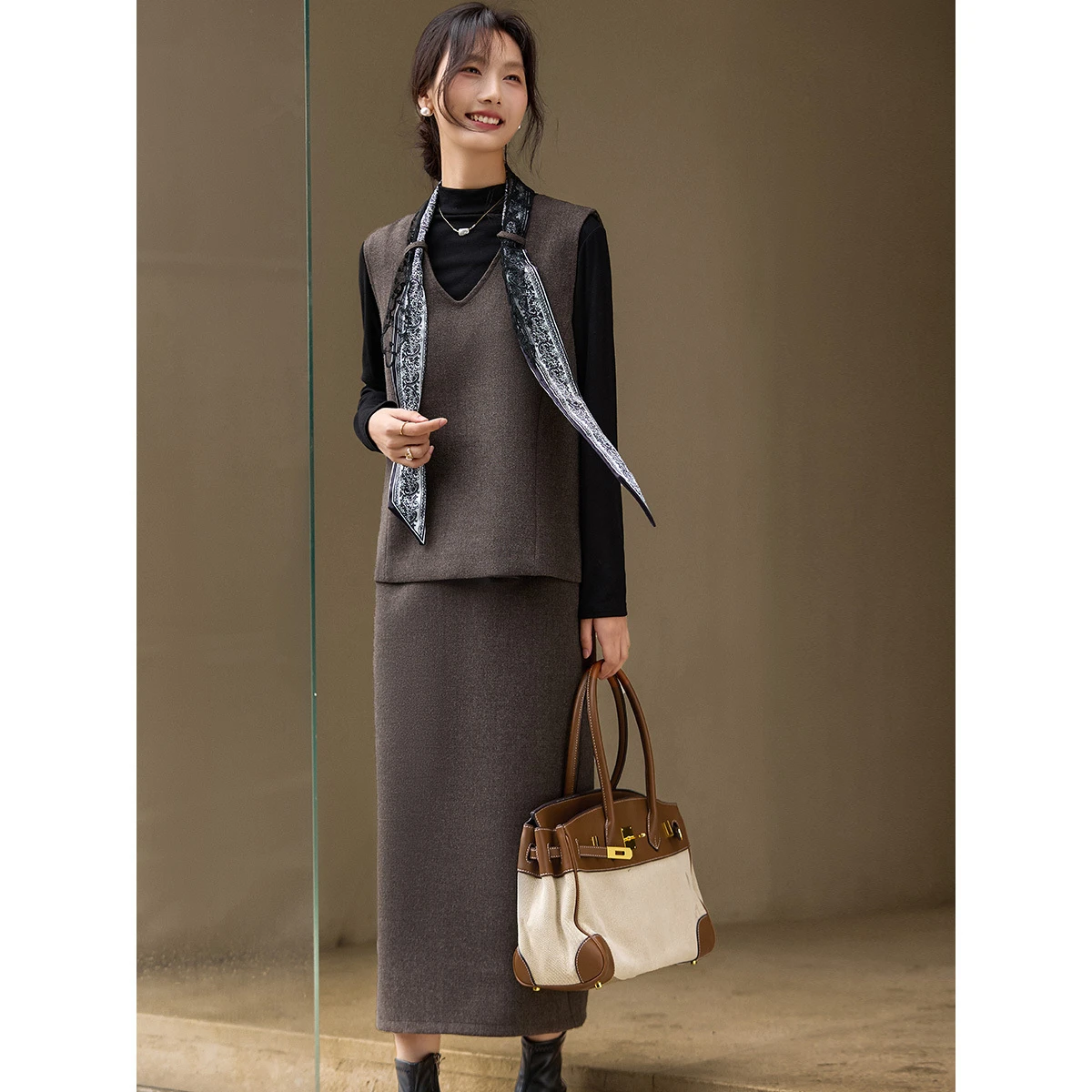 VIMLY ensemble de costume pour femmes déplacements hiver 2025 couche de Base solide col en V gilet jupes longues décontracté dames vêtements 3 pièces ensembles 30528