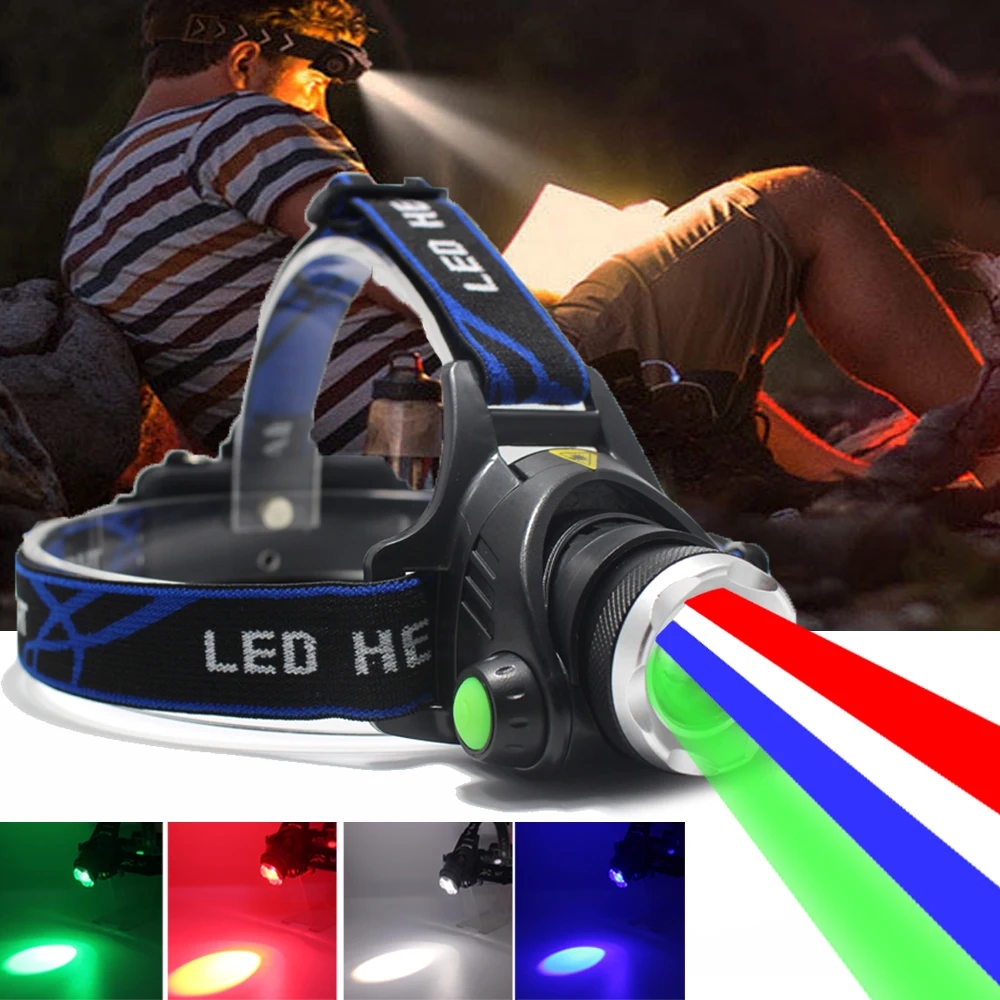 Red/Green/Blue/White 4 in 1 Headlamp XPG LED Adjustable Focus USB Charging Headlight Night ridin Fishing Camping Lamp