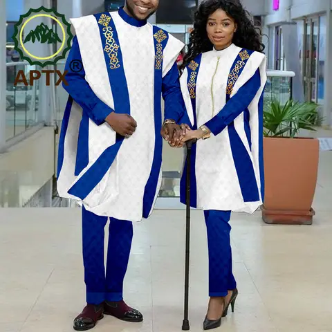 APTX African Couple Clothes Men Women Matching Agbada Robe Shirt Pant Suit 3 Pieces Set for Wedding Daily Love Wear TY21C032