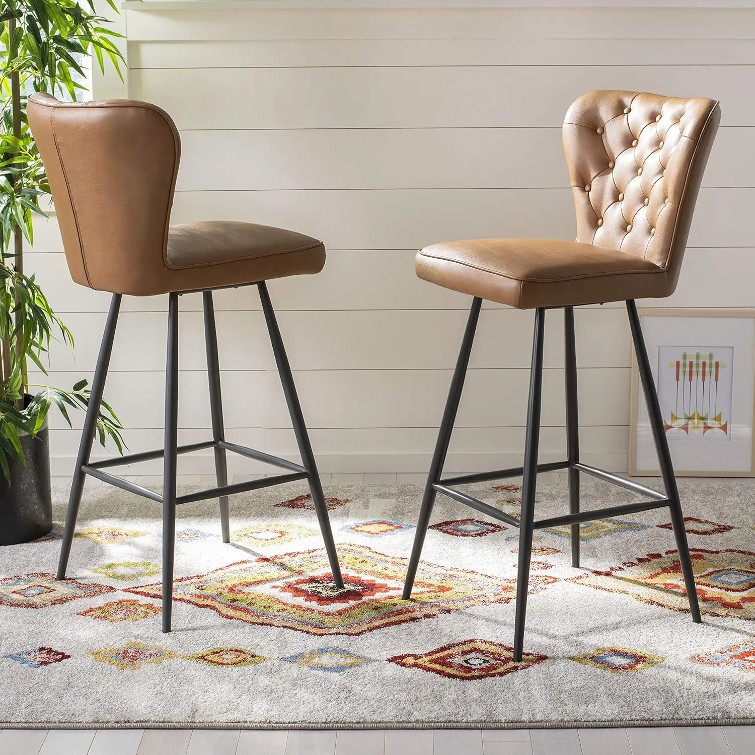 

Safavieh Home Collection Aster 30" Mid Century Modern Leather Tufted Bar Stool Camel/Black