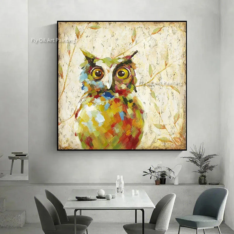 Abstract Owl Canvas Painting, Vivid Multicolored Owl Portrait with Branch Leaves, Hand Painted Thick Texture Square Wall Art