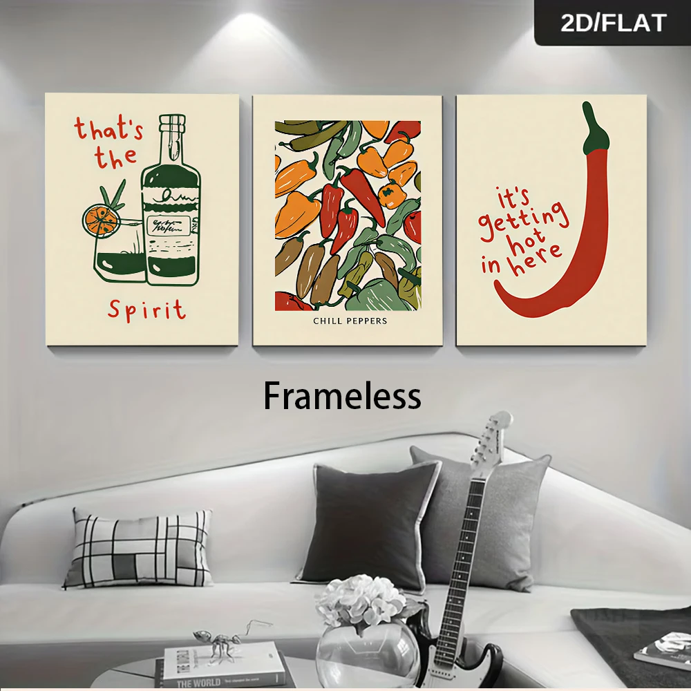 1 set of modern minimalist triptych decorative paintings, frameless 2D paintings featuring a chili pepper and wine bottle theme.