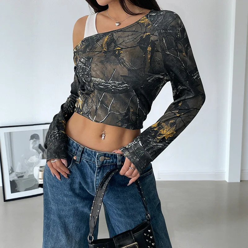 

Simple Casual Fashion Plant Print Patchwork Fake Two-Piece Asymmetrical Pullover Long SleeveTWomen's T-shirt