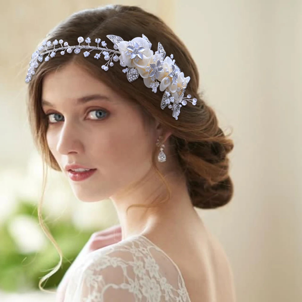 Accesorios para el cabello para novia, diadema de perlas de aleación brillante, hoja de flor, tocado de boda para invitados, tocado blanco para mujer