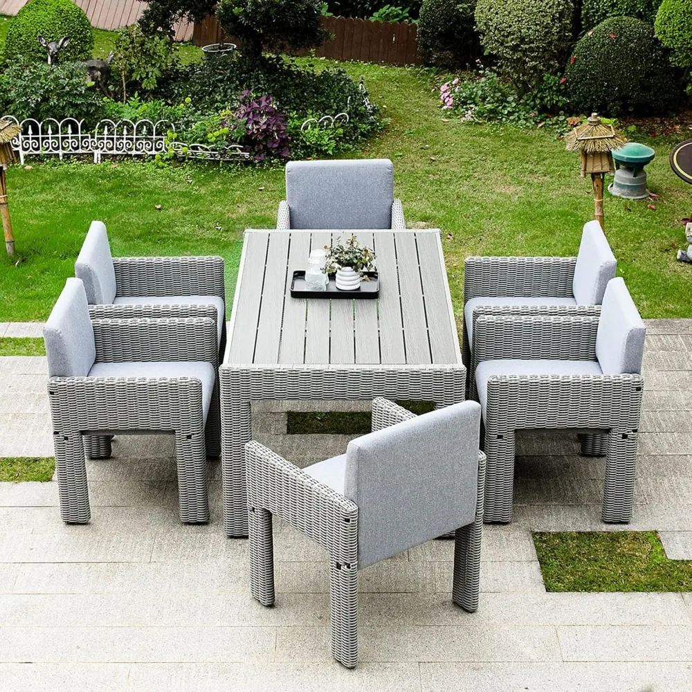 

7 Piece Patio Dining Set, Outdoor Dining Furniture Set with Large Table, PE Wicker Patio Dining Set of 6, Outdoor Table and Chai