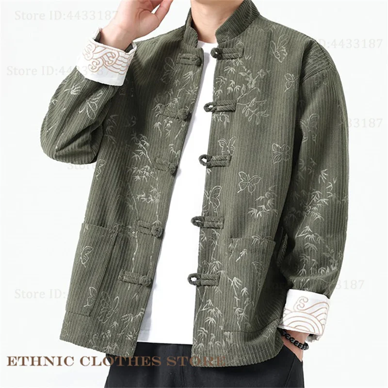 

Осень-зима, вельветовая мужская куртка, верхняя одежда больших размеров, кардиган, традиционная китайская одежда в стиле ретро, жаккардовый костюм Тан, пальто, топы