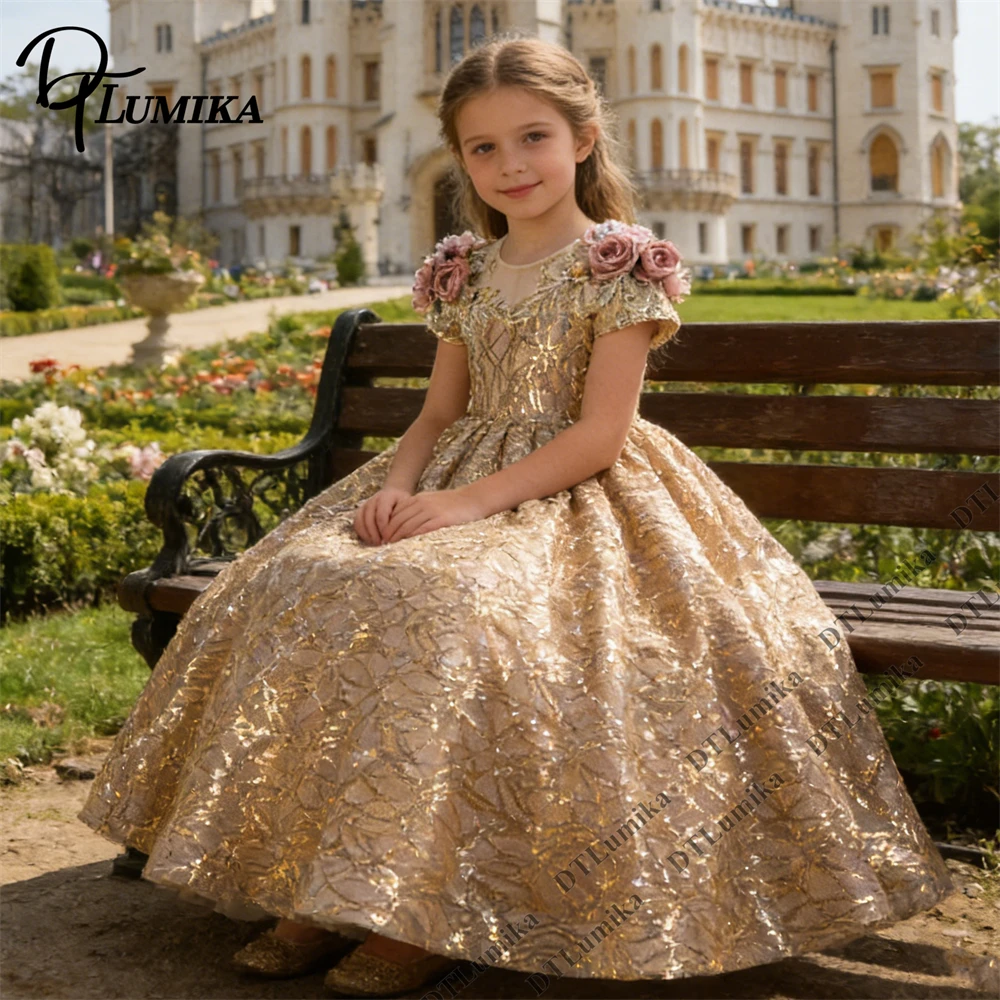 DTLumika - Gold Shimmer Flower Girl Dress 3D Floral Shoulder Accents Wedding Guest Birthday Ring Bearer Dresses for Kids