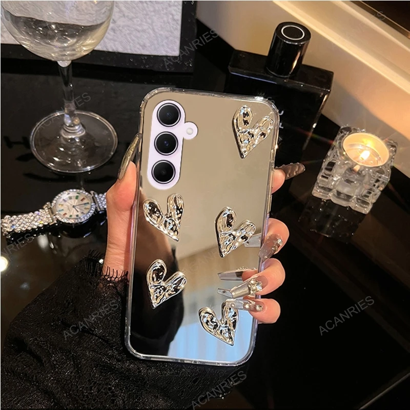 A 55 54 35 15 14 Glitter 3D Love Heart Mirror Silicone Case For Samsung Galaxy A55 A54 5G A35 A34 A24 4G A15 A05s A14 A05 Cover