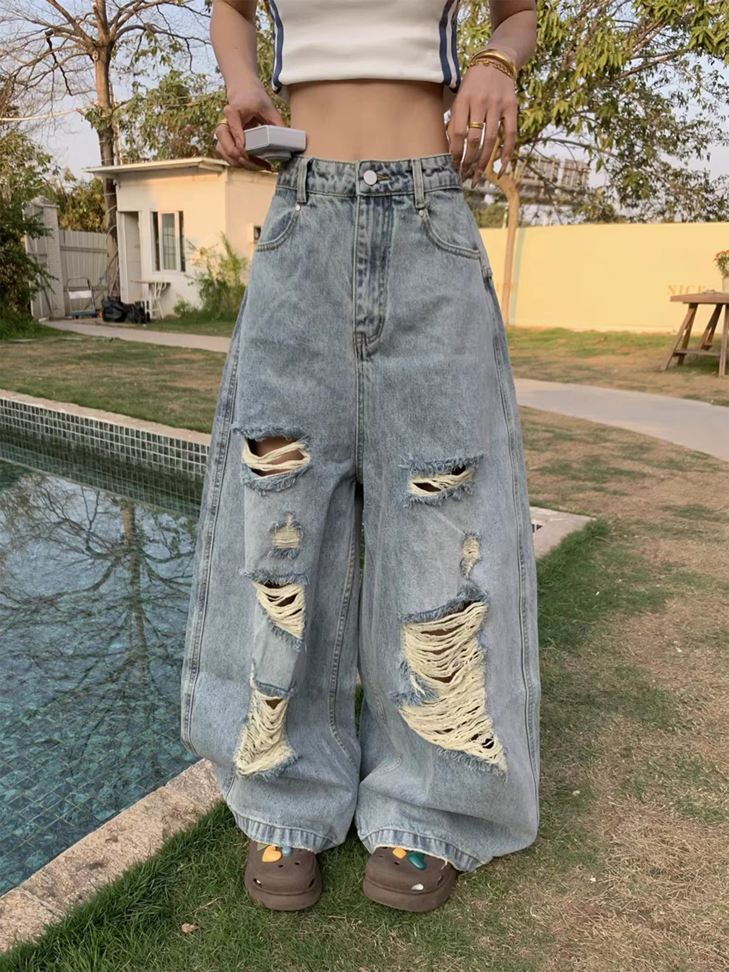 Jeans larghi strappati blu da donna Harajuku Vintage Y2k Pantaloni larghi in denim Jeans oversize stile giapponese anni 2000 Pantaloni lunghi