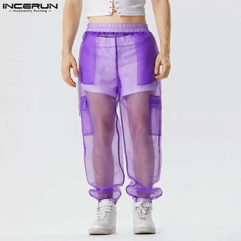 Stylish Casual Style Trousers INCERUN New Men\'s Party Shows Hot Sale Long Pants Sexy Solid See-through Thin Mesh Pantalons S-5XL