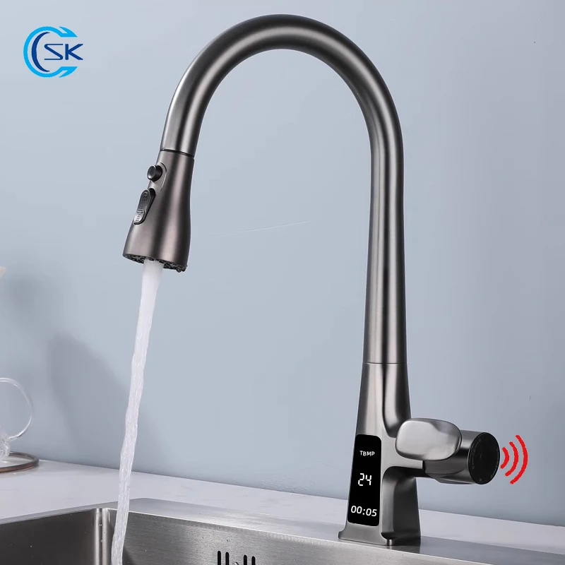 Grifo de cocina extraíble con pantalla de temperatura, mezclador de agua con Sensor infrarrojo inteligente, tres modos, caño de agua fría y caliente