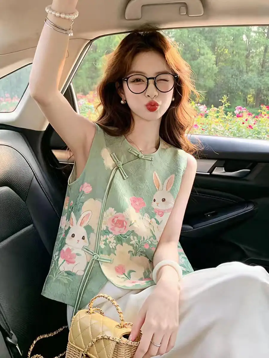 Chao Level Recommendation! Light Green Rabbit Floral Print Button up Top Chinese Style Women's Tang Suit Sleeveless Shirt