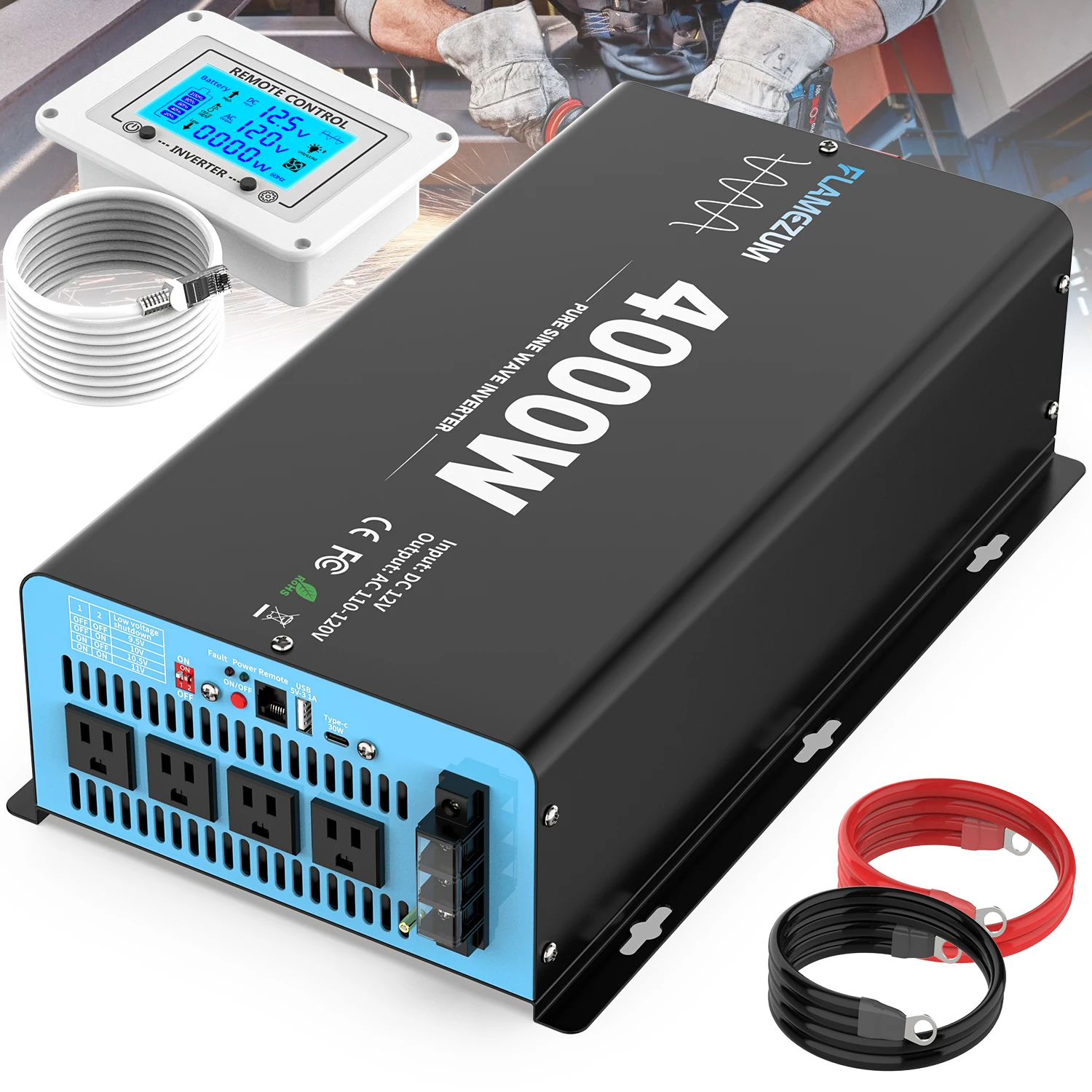 4000W Pure Sine Wave Power Inverter 12V DC to 110V/120V AC, 8000W Peak Car Inverter for RV Remote Control, 4 AC Outlets, 30W USB-C Port,L-N-PE Terminal and LCD Display Provide Reliable Backup Power for RV, Truck, Solar, Camping and Off-Grid Use.
