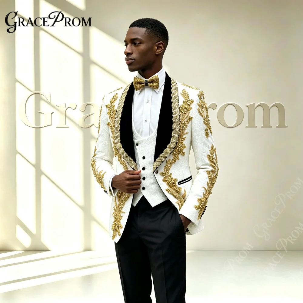 Stylish White Gold Rhinestone Floral Men Suits 3PCS Wedding Groom Tuxedo Shawl Jacquard Crystal Embellished Banquet Prom Outfit