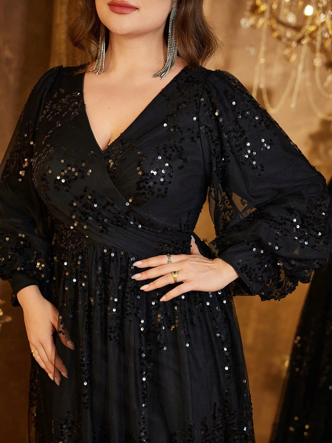 UNITHORSE [مقاس عشوائي] مقاس كبير للنساء بياقة على شكل V وأكمام واسعة ترتر مرقع أنيق فستان سهرة فورمي، فستان، لحفلات الزفاف