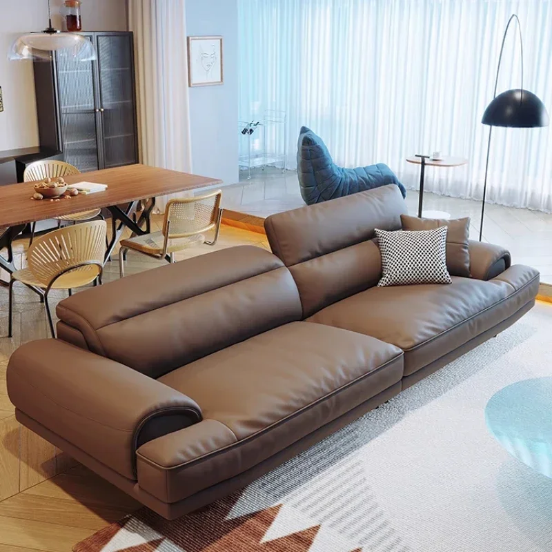 Italian minimalist leather sofa first layer cowhide living room small apartment straight row modern simple three-person sofa