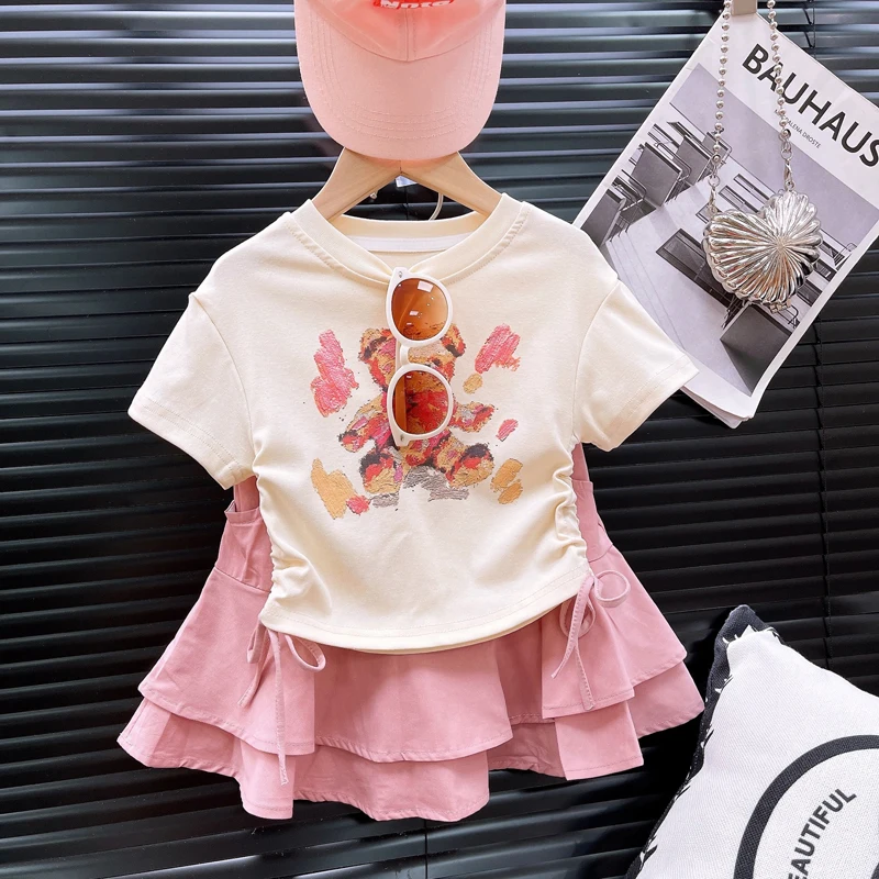 3 4 5 6 8 Years Girls Clothing Set Summer New Cartoon Print T-shirt+Half Length Skirt 2Pcs Suit For Kids Fashion Outfit