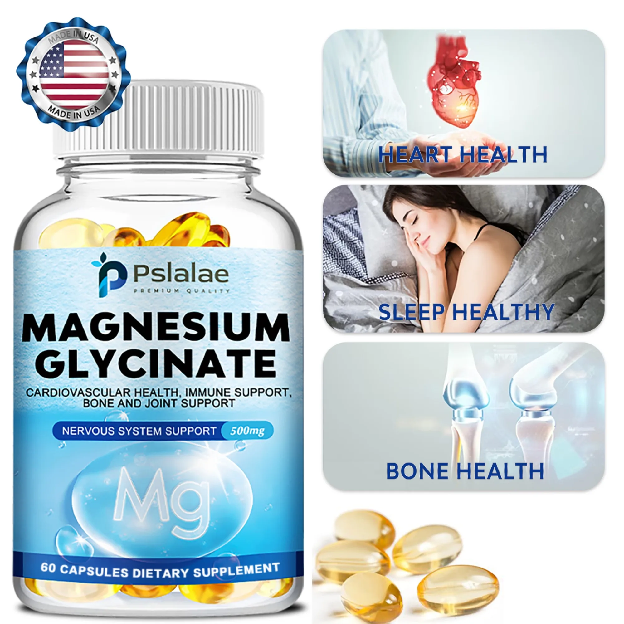 

Magnesium Glycinate - Support Brain Nerve Health Support Cardiovascular Function Protect Joints Relax Muscle - 60 Capsules