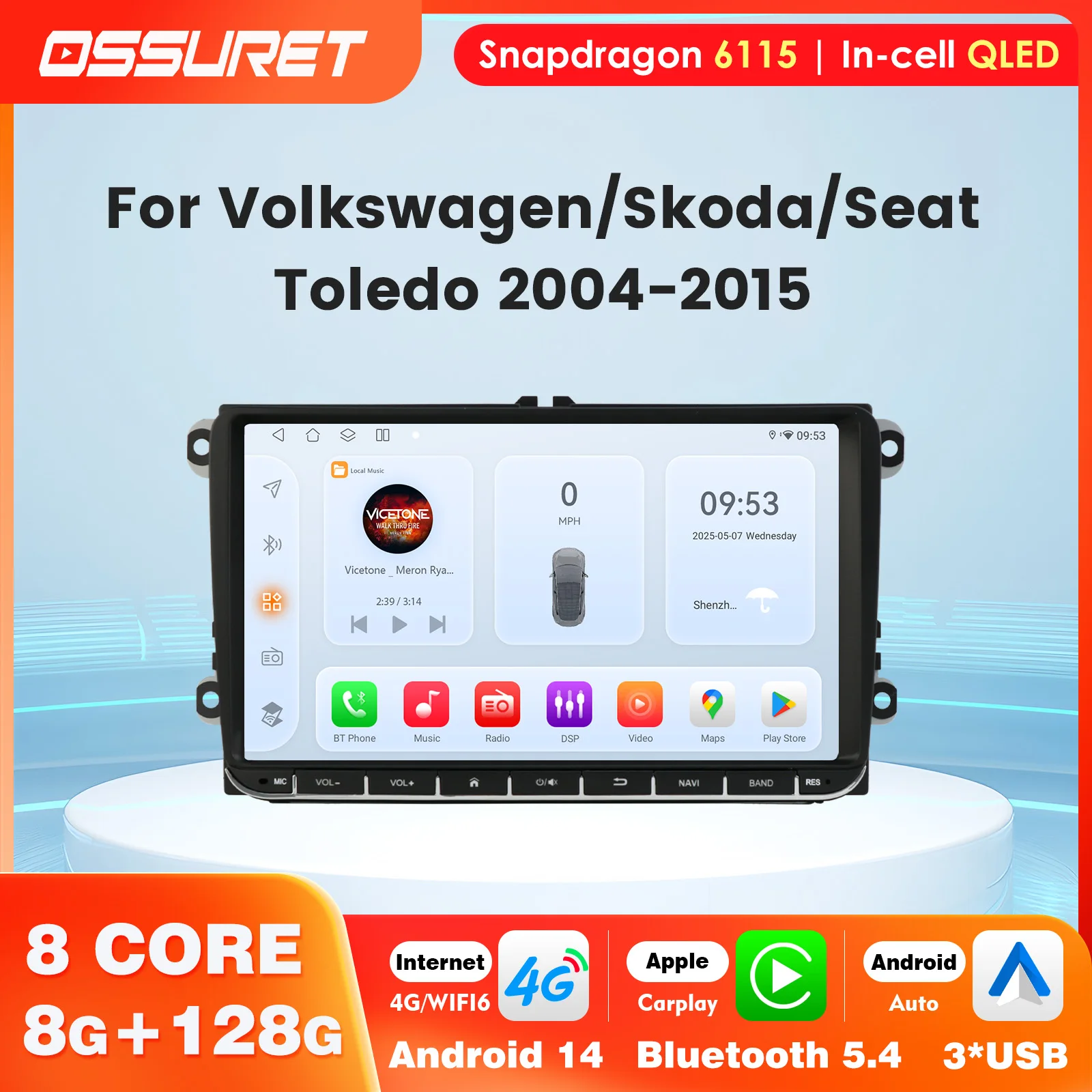 OSSURET 4G LTE Octa Core 6115 Android 14 Car Carplay For VW Volkswagen Golf Passat B7 B6 Tiguan Seat Leon Skoda Jetta Autoradio