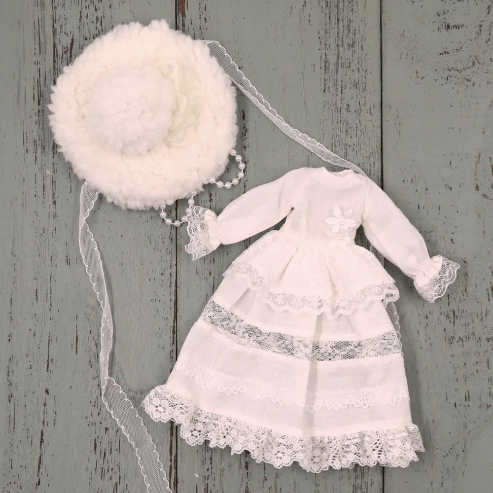 Outfits For Blyth Doll Mori Girl Style White Dress With Hat 1/6 BJD ICY DBS