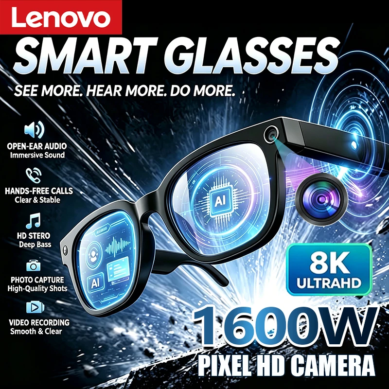 Lunettes intelligentes Lenovo AI 8K avec télécommande, appareil photo tactile, enregistrement, traducteur, assistant vocal, Bluetooth sans fil