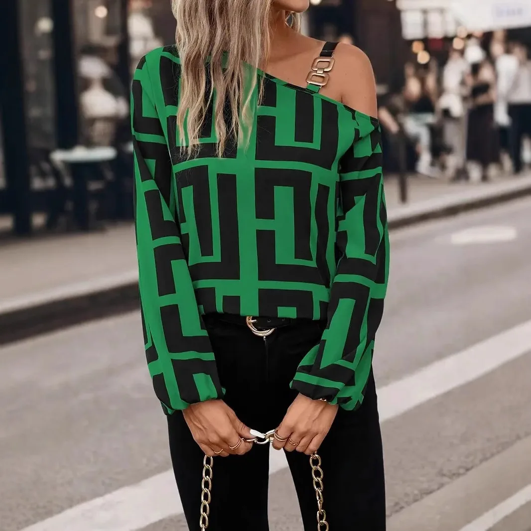 

2026 Women's Long Sleeve Geometric Print Casual off Shoulder Hooded Top Cross Border Spring Fashion Ladies' Cleanfit Style