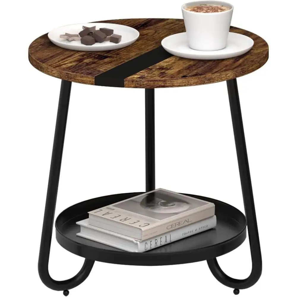 

Круглый двухуровневый журнальный столик в индустриальном стиле с металлическим подносом для гостиной, небольшой деревянный столик для использования на улице/патио в деревенском стиле, коричневый