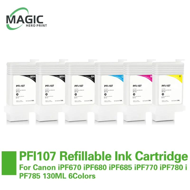 

PFI-107 PFI107 Refillable Ink Cartridge With Permanent Chips For Canon iPF670 iPF680 iPF685 iPF770 iPF780 iPF785 130ML 6Colors