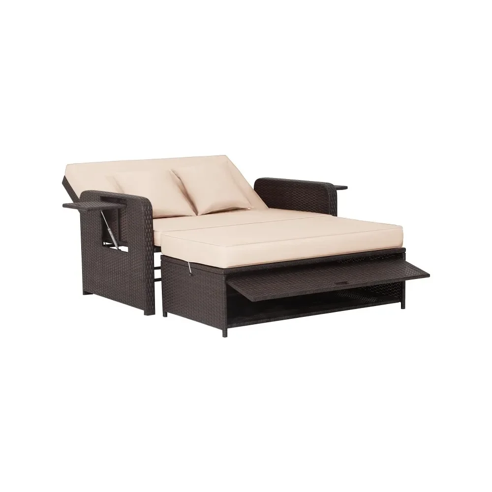 Für Terrassen-Rattan-Tagesbett mit Kissen, Outdoor-Sofa aus Korbgeflecht mit Ottoman mit Stauraum, 4-stufig verstellbarer Rückenlehne