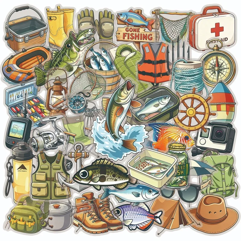 50 autocollants décoratifs en PET à thème pêche en plein air, style dessin animé, à déchirer, pour scrapbooking et fournitures de carnet de croquis