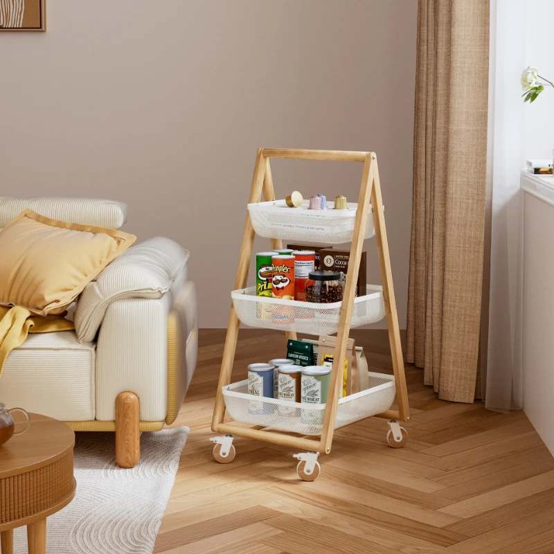 

Household snack rack, living room solid wood mobile trolley, kitchen supplies storage rack, simple multi-layer shelf