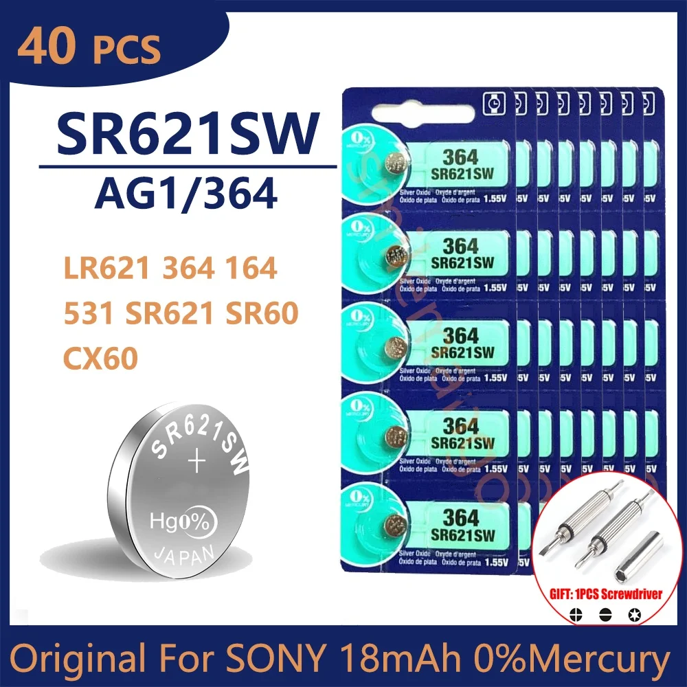 40PCS Original For SONY 364 SR621SW SR60 1.55V Button Battery For Watch Toys Remote Cell Coin Batteries