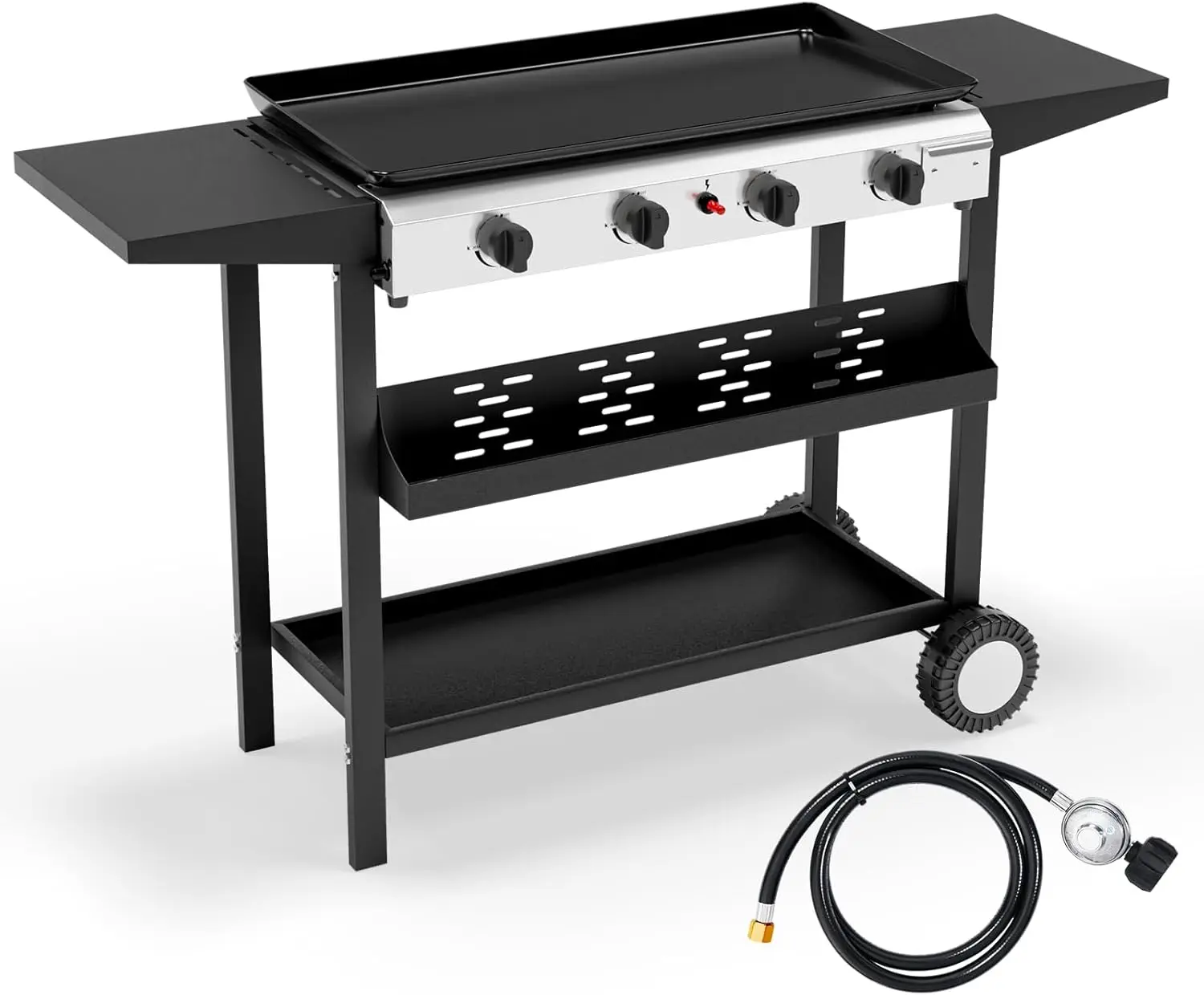 Outdoor Patio Cooking: Portable 4 Burner Propane Griddle, 40,000BTU, Enameled Tray, Electronic Ignition, Side Shelve & Regulator
