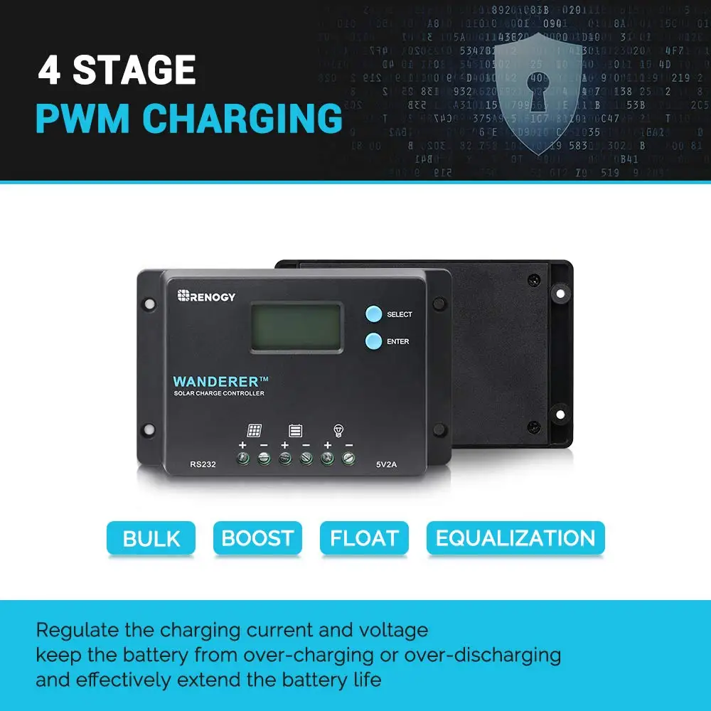 Renogy 10A 12V/24V PWM Negative Ground Solar Charge Controller Compact Design w/LCD Display for AGM, Gel, Flooded and Lithium