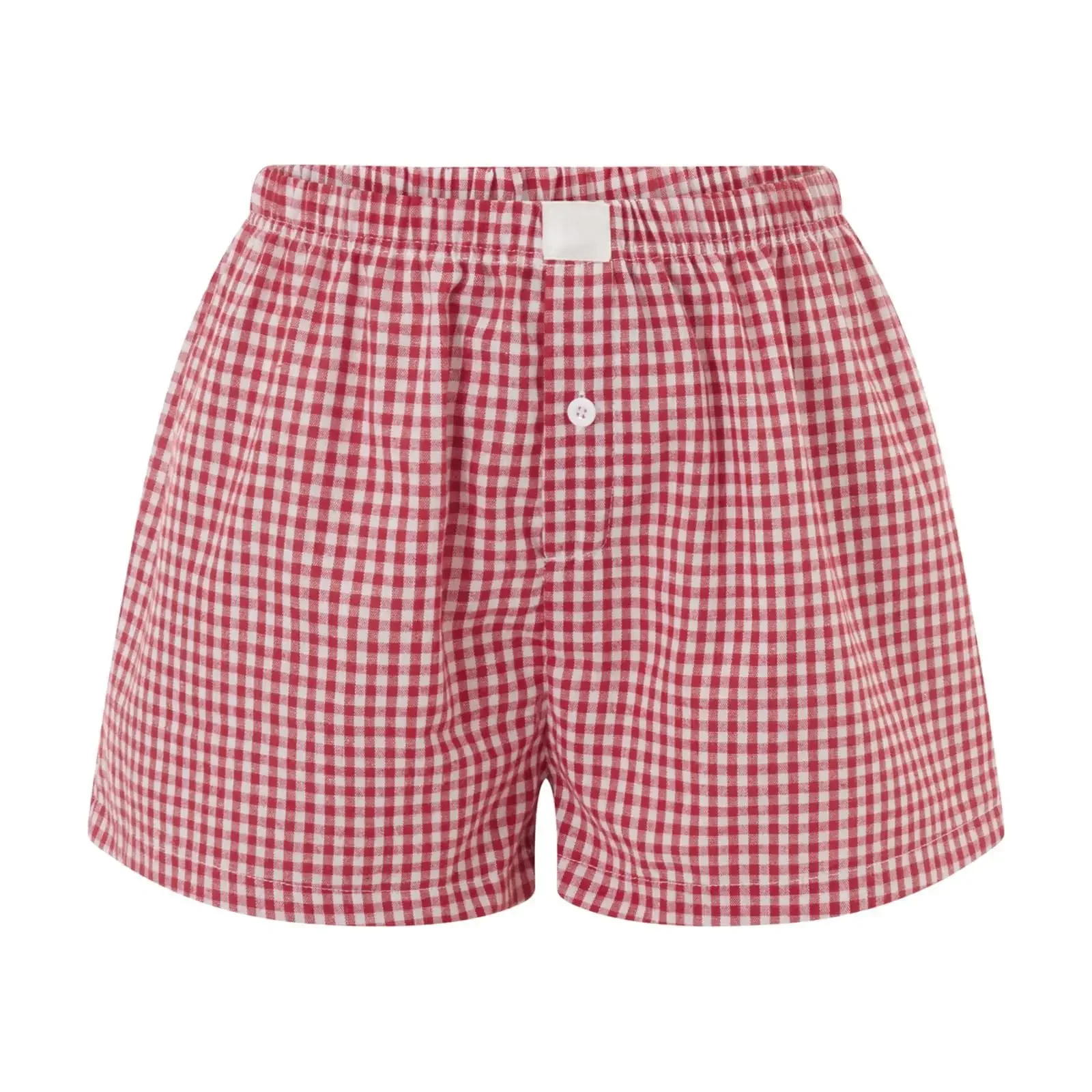 Gingham Boxer Shorts for Women Teen-girls Button Front Elastic Waist Cute Red Plaid Pajamas Sleep Lounge Shorts Summer Outfit