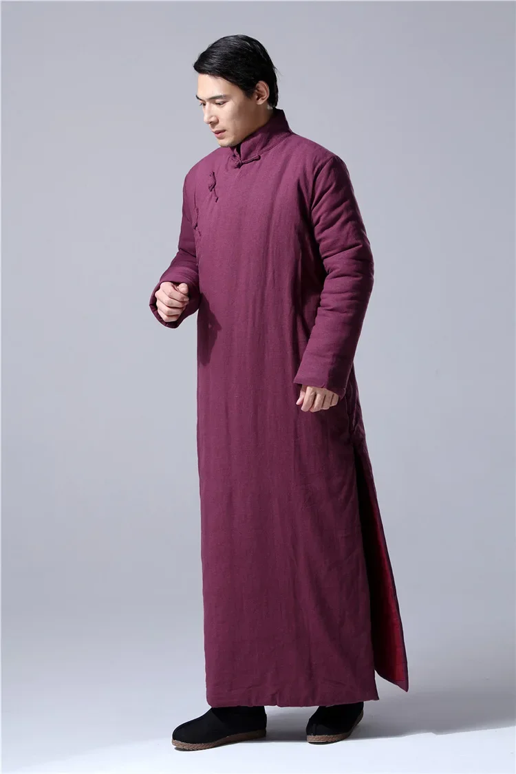 النمط الصيني سميكة فضفاضة الكتان pourpoint رداء طويل الصين التقليدية الشتاء ملابس رجالية الرجعية القنب القطن مبطن ثوب طويل رداء